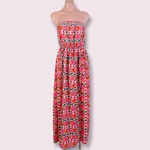 One Clothing Aztec Tribal Geometric Strapless Maxi Dress Orange Pink size S